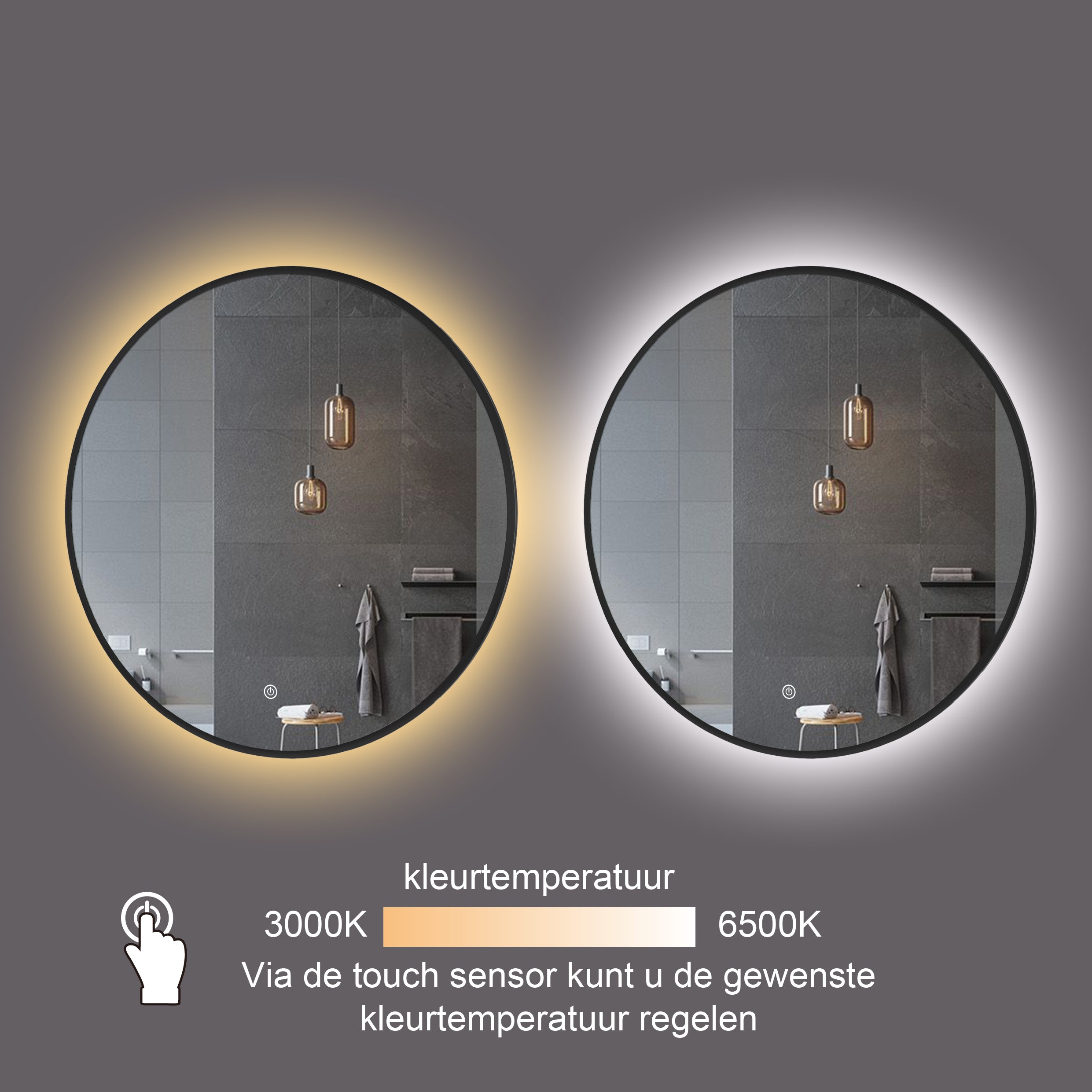 Aloni Miroir de  salle de bain rond Omega noir mat avec chauffage Ø80cm