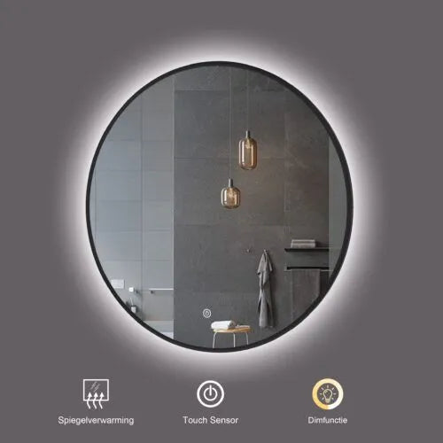 Aloni Miroir de  salle de bain rond Omega noir mat avec chauffage Ø80cm