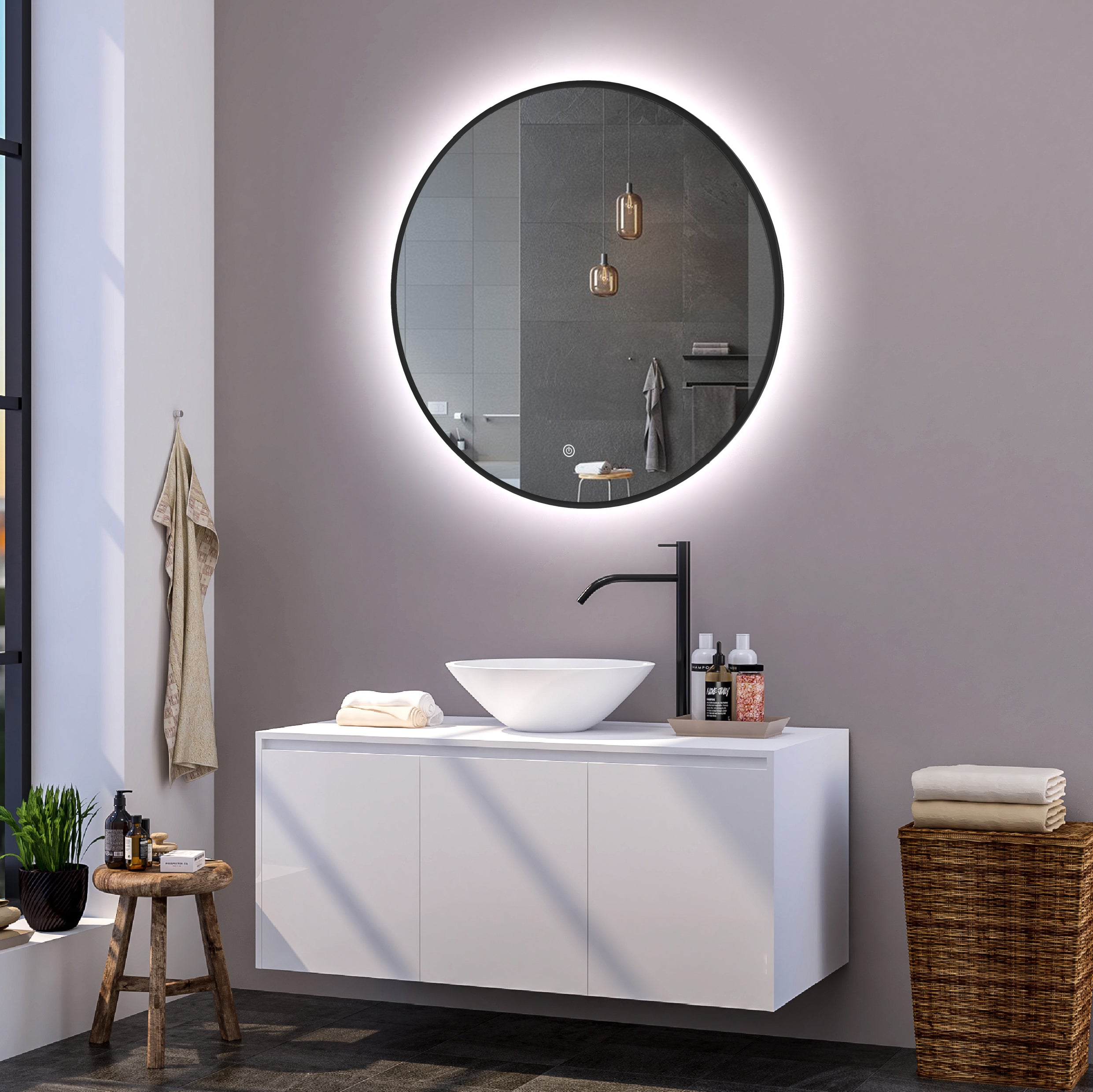 Aloni Miroir de  salle de bain rond Omega noir mat avec chauffage Ø80cm