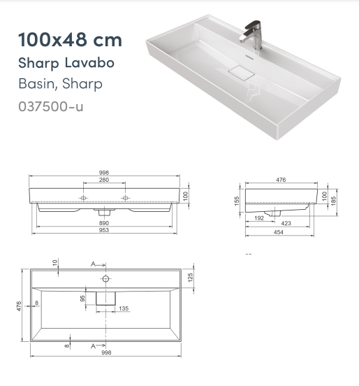 Aloni Sharp Lavabo En Céramique 100x48x10cm Blanc