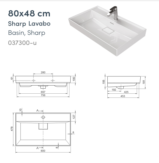 Aloni Lavabo En Céramique 80X48X10cm Blanc