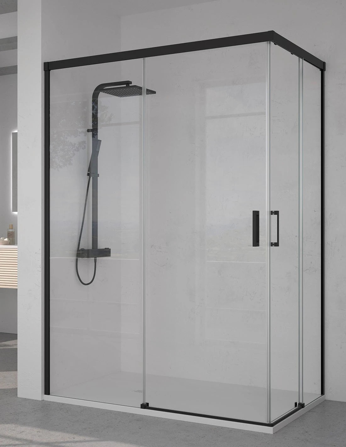 cabine de douche rectangulaire avec porte coulissante et profils en noir.  90X120 Réversible